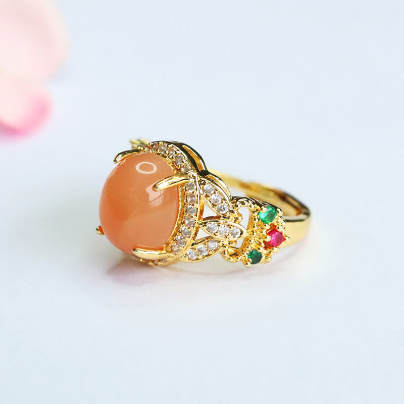 Adjustable Peach Moonstone Ring Four Leaf Flower Design | Vintage