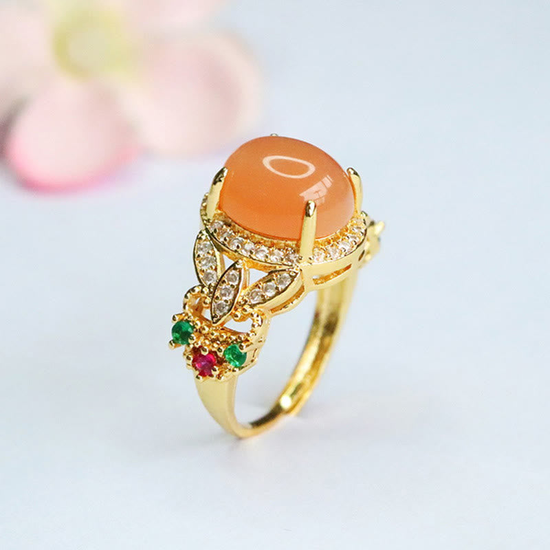 Adjustable Peach Moonstone Ring Four Leaf Flower Design | Vintage