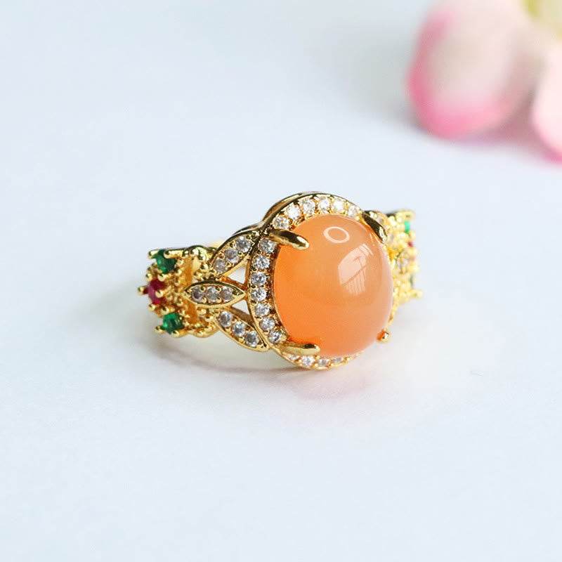 Adjustable Peach Moonstone Ring Four Leaf Flower Design | Vintage