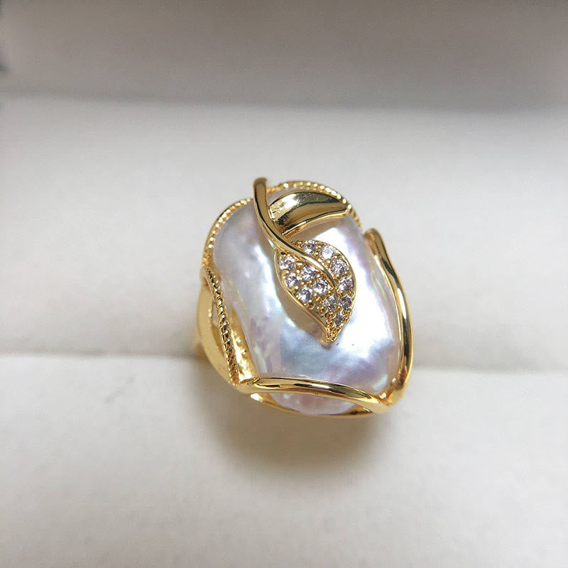 Adjustable Pearl Copper Plated Gold Flower Ring for Wealth & Happiness