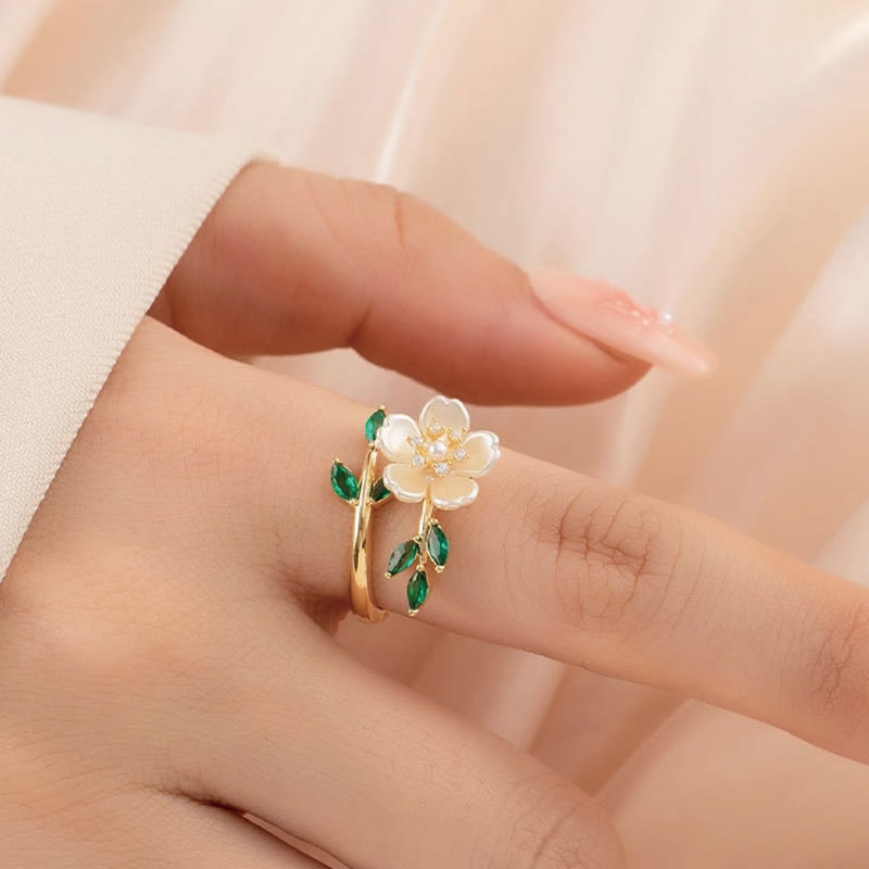 Adjustable Pearl Flower Zircon Copper Ring for Happiness & Wealth