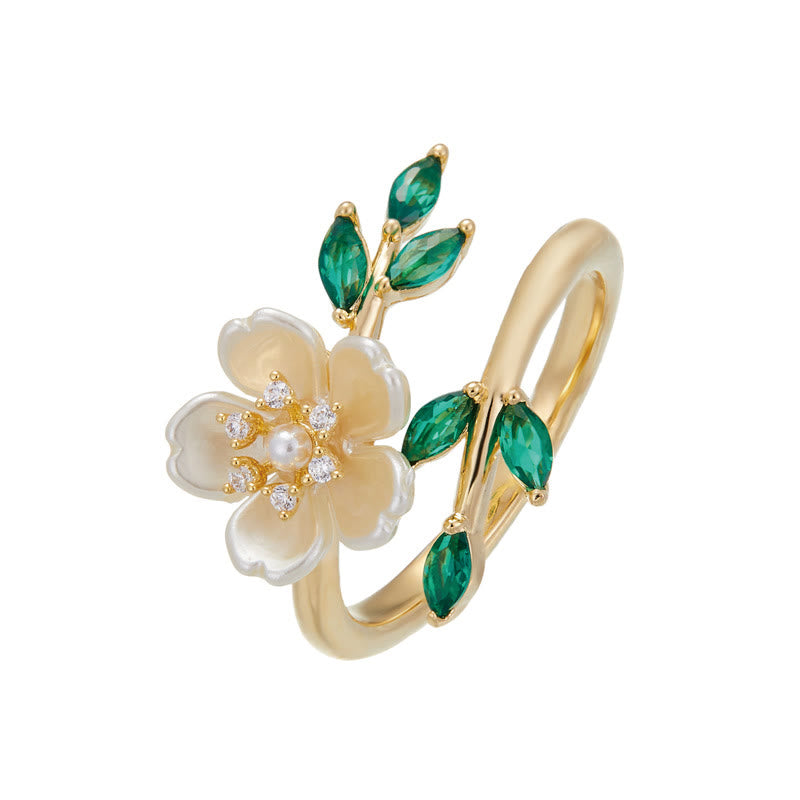 Adjustable Pearl Flower Zircon Copper Ring for Happiness & Wealth