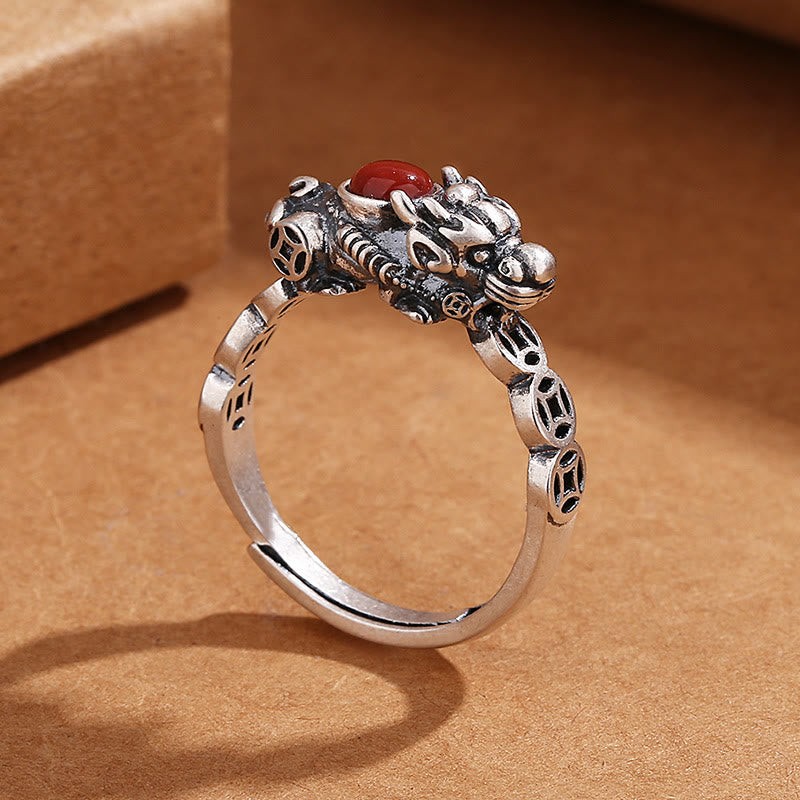 Adjustable Red Agate Pixiu Ring for Wealth and Luck