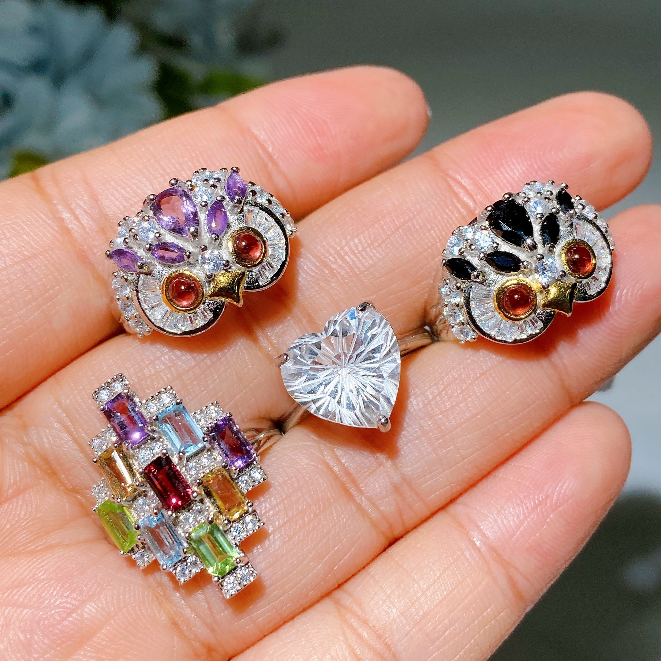 Adjustable S925 Crystal Healing Ring with Multi Gemstones