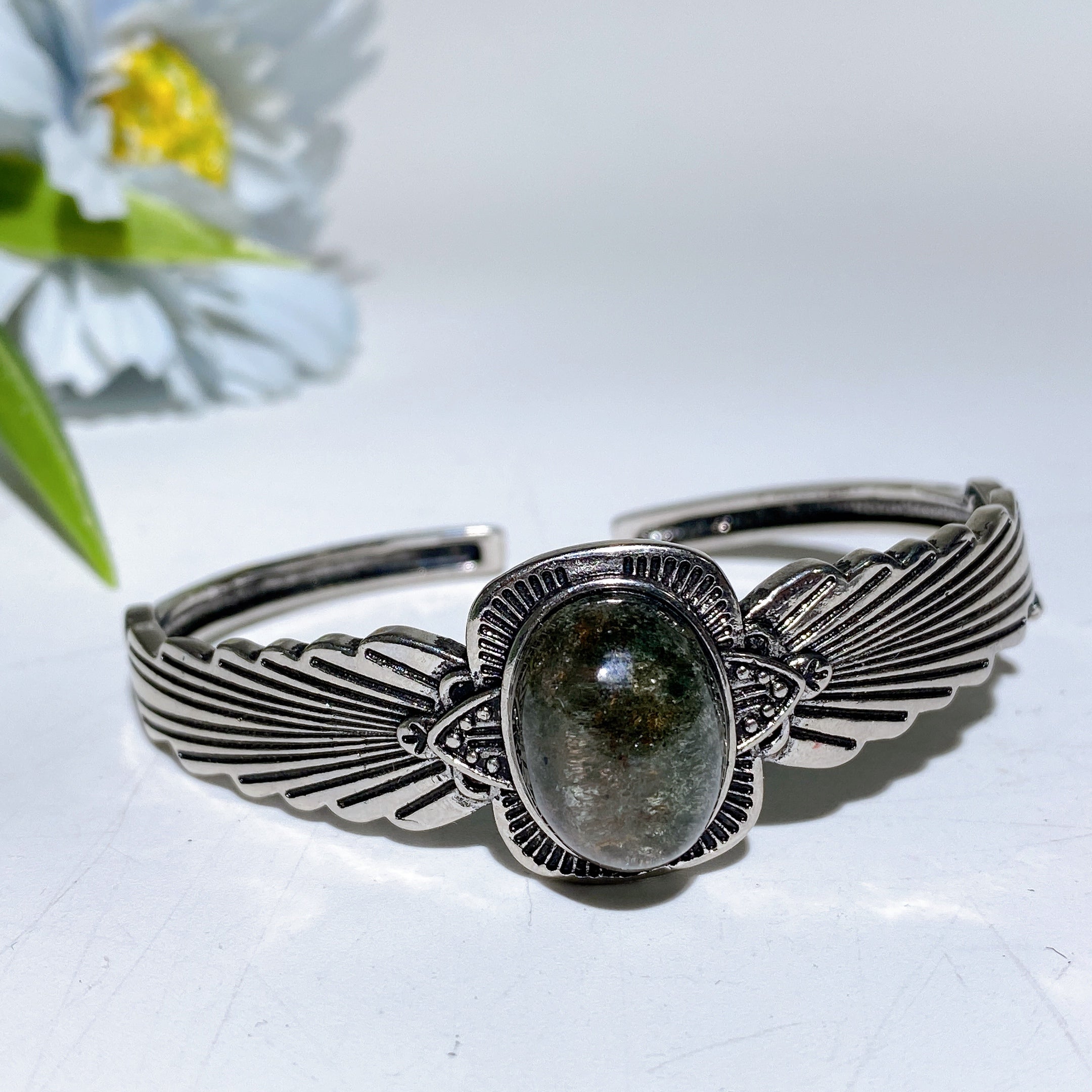 Adjustable Silver Crystal Bangle with Healing Gemstones