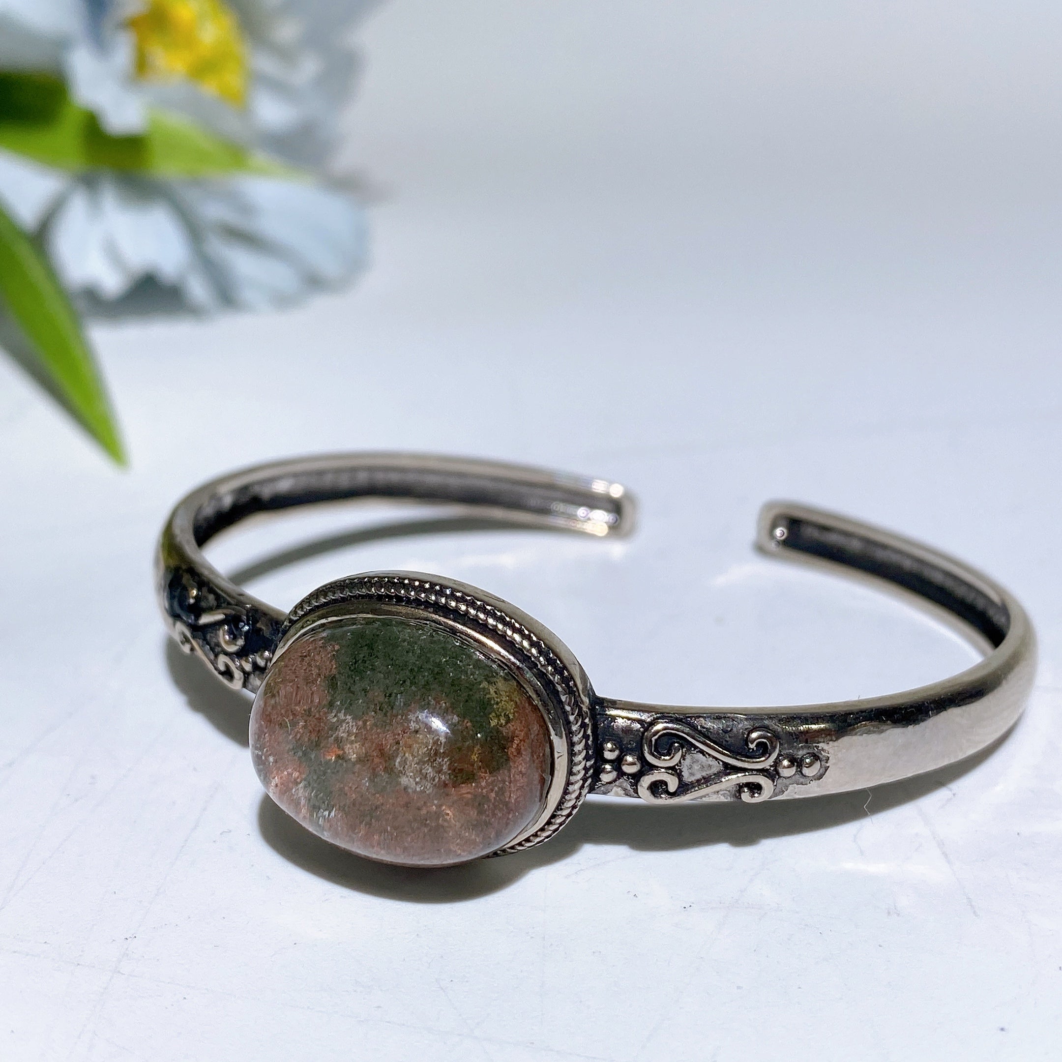 Adjustable Silver Crystal Bangle with Healing Gemstones