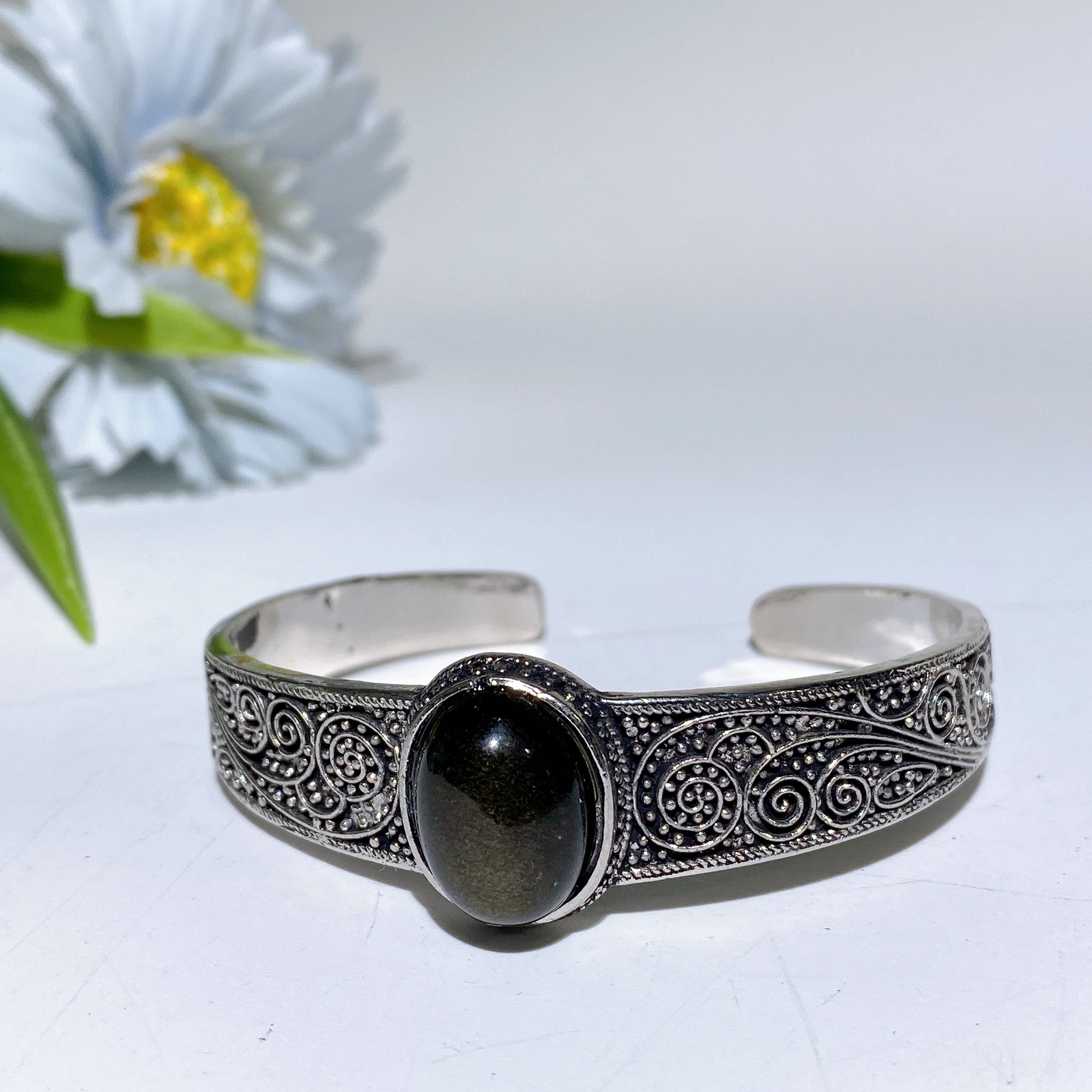 Adjustable Silver Crystal Bangle with Healing Gemstones