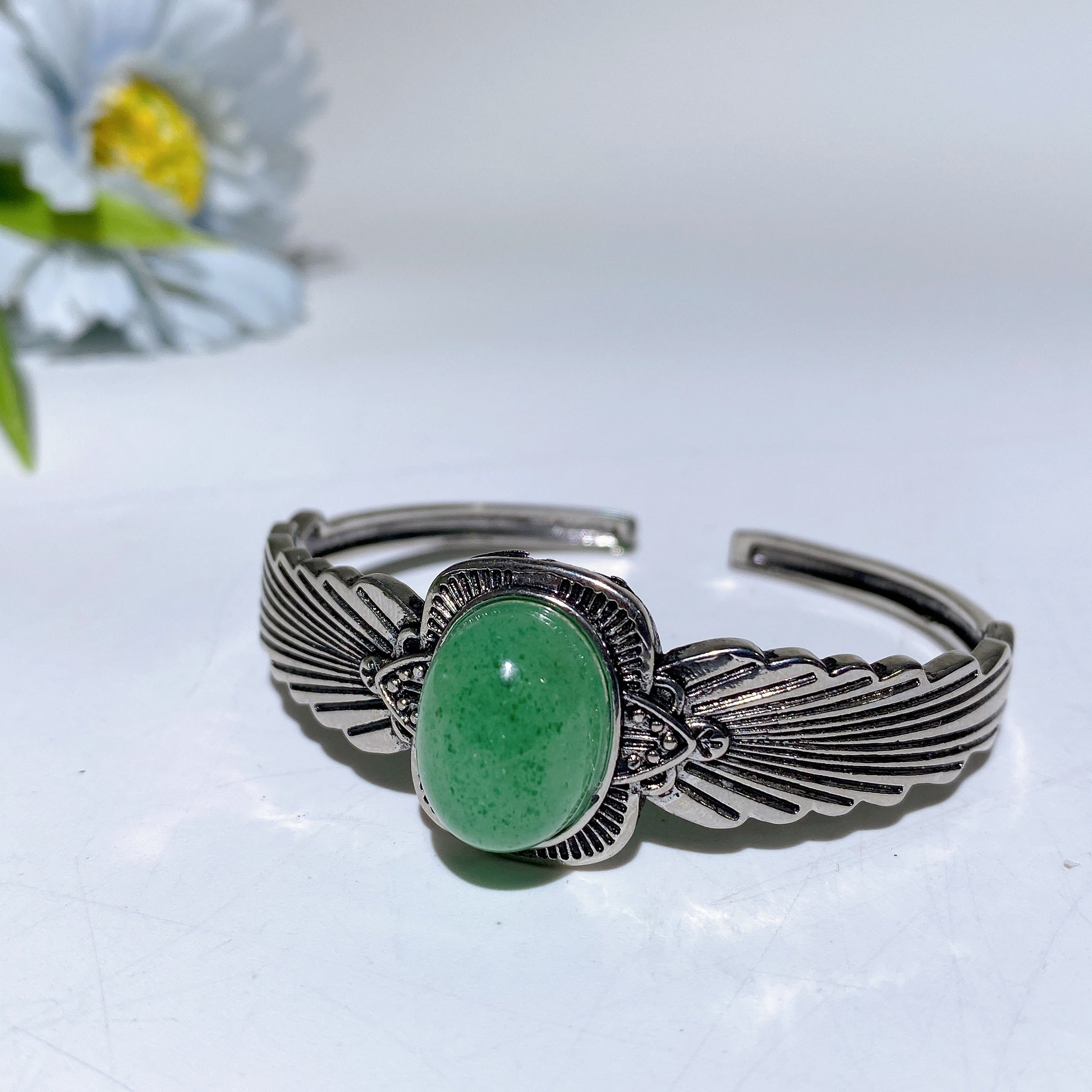 Adjustable Silver Crystal Bangle with Healing Gemstones