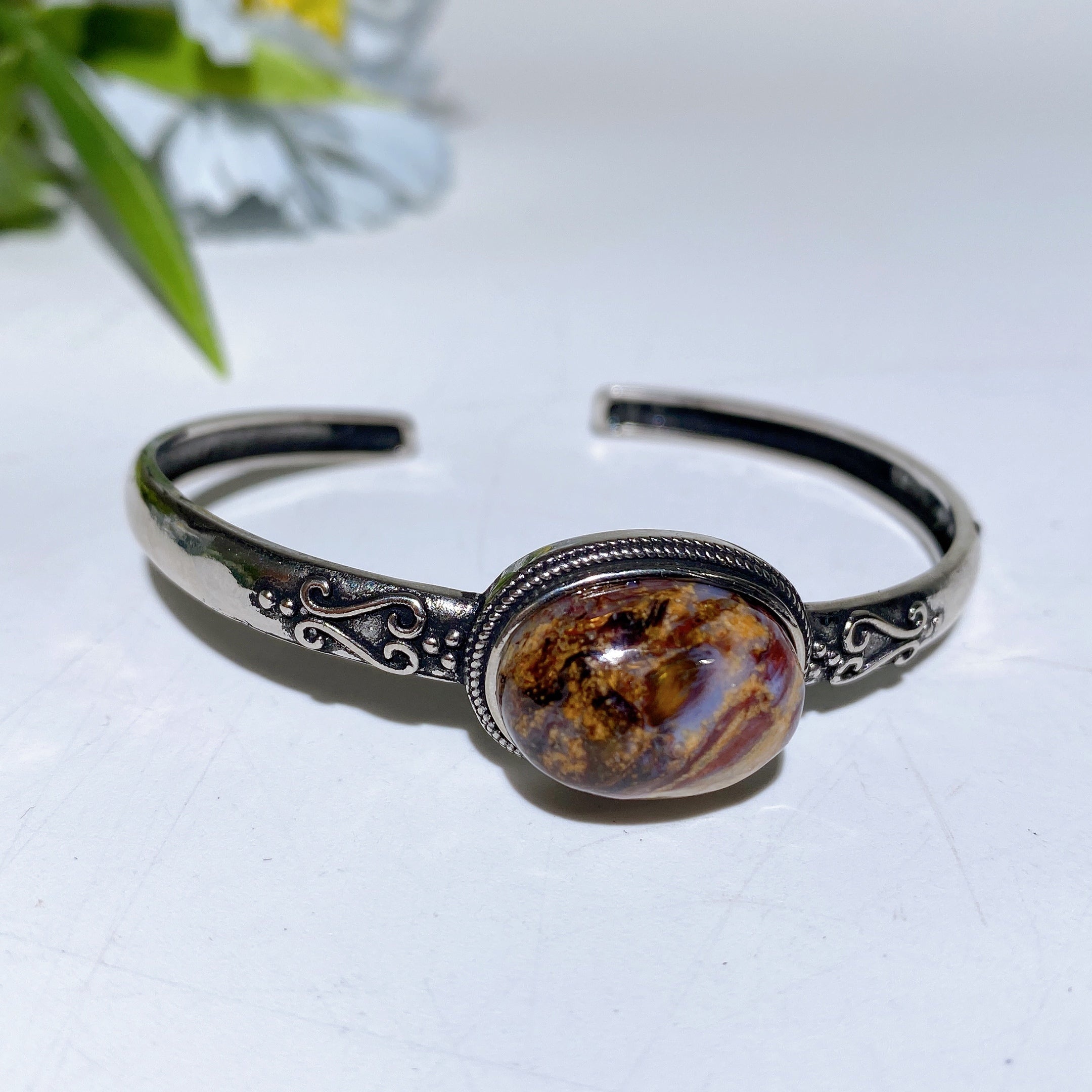 Adjustable Silver Crystal Bangle with Healing Gemstones