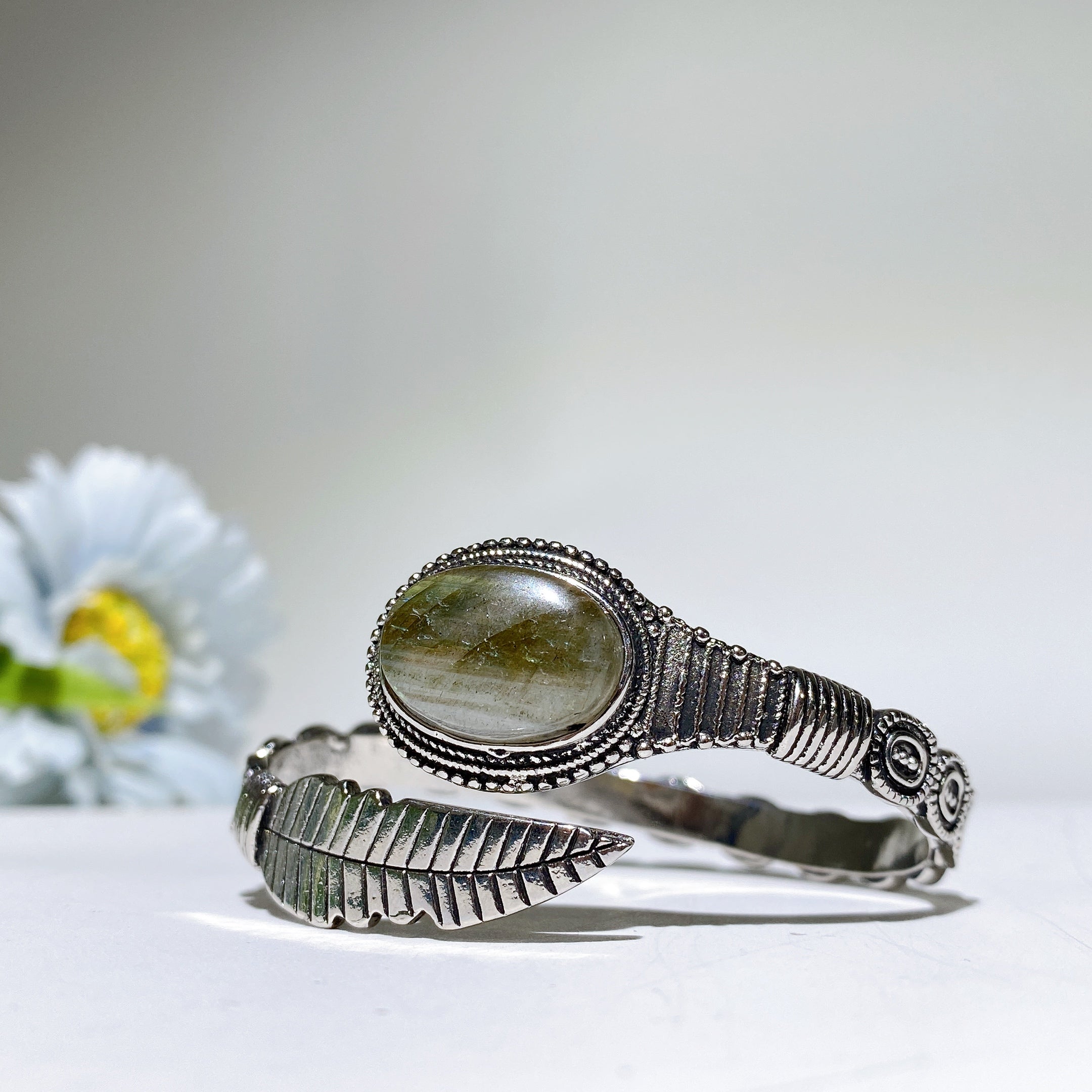 Adjustable Silver Crystal Bangle with Healing Gemstones