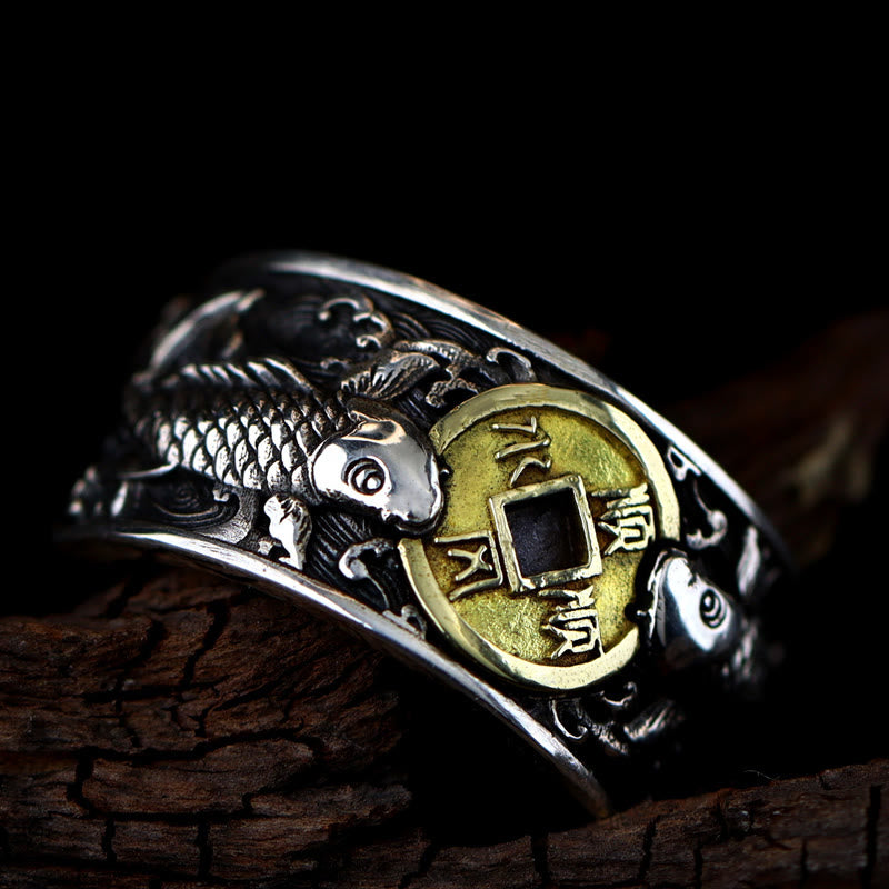 Adjustable Sterling Silver Koi Fish Ring Symbolizing Luck