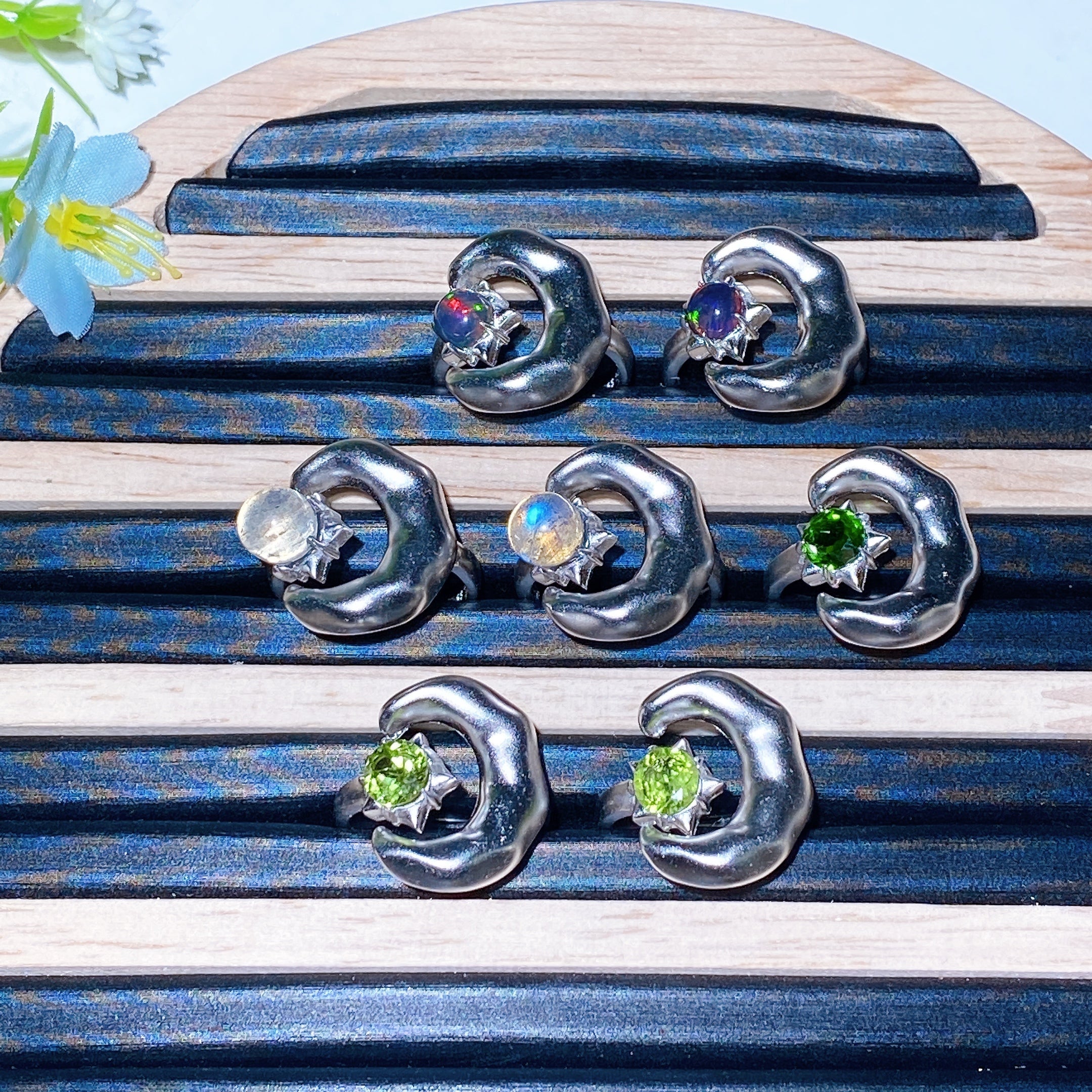 Adjustable Sterling Silver Labradorite Moon & Star Ring