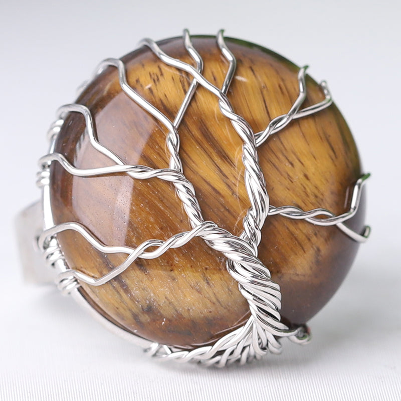 Adjustable Tree of Life Crystal Ring with Genuine Gemstones