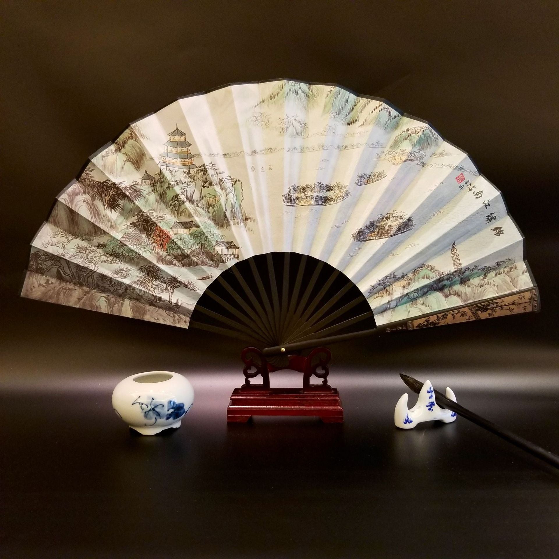 33.5cm Chinese Bamboo Folding Fan with Great Wall Pattern