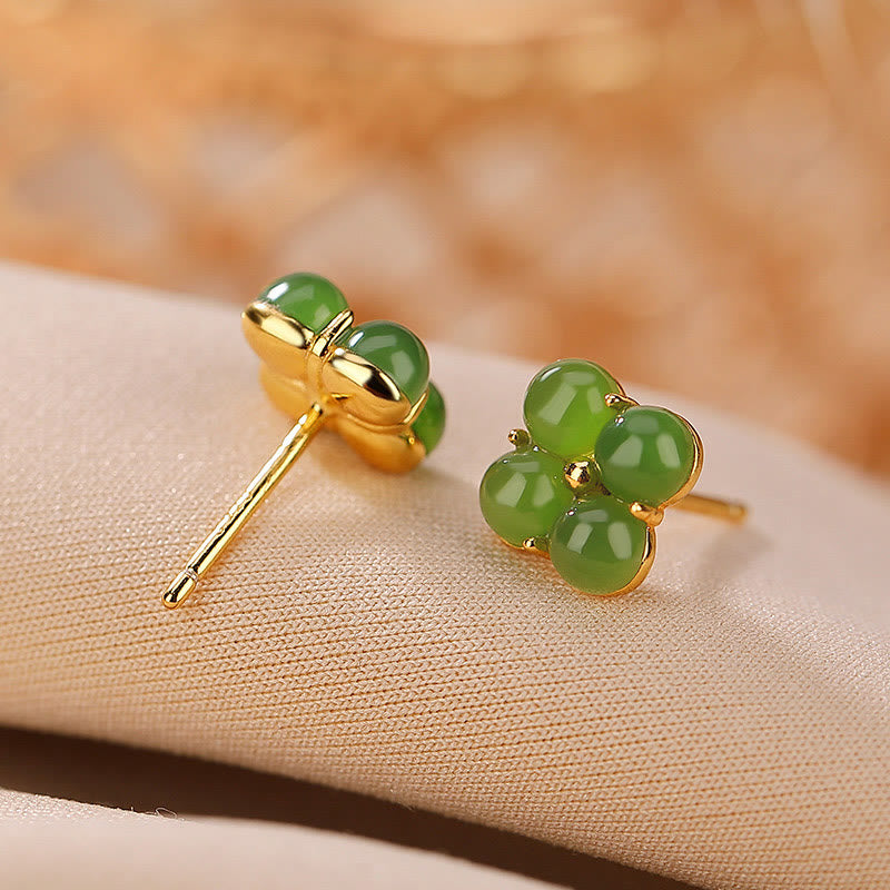 Cyan Jade Four Leaf Clover 8mm Stud Earrings for Luck & Healing