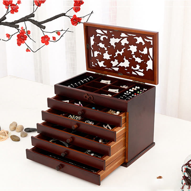 Six-Layer Wooden Jewelry Box with Vintage Plum Blossom Carvings