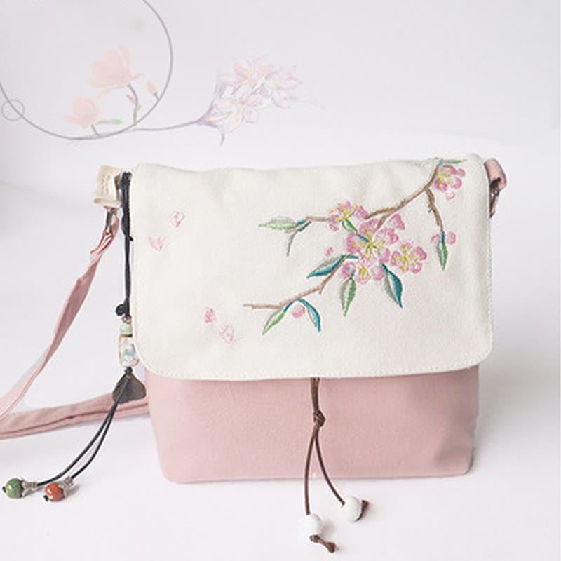 Handmade Canvas Crossbody Bag with Plum Flowers 20x23cm