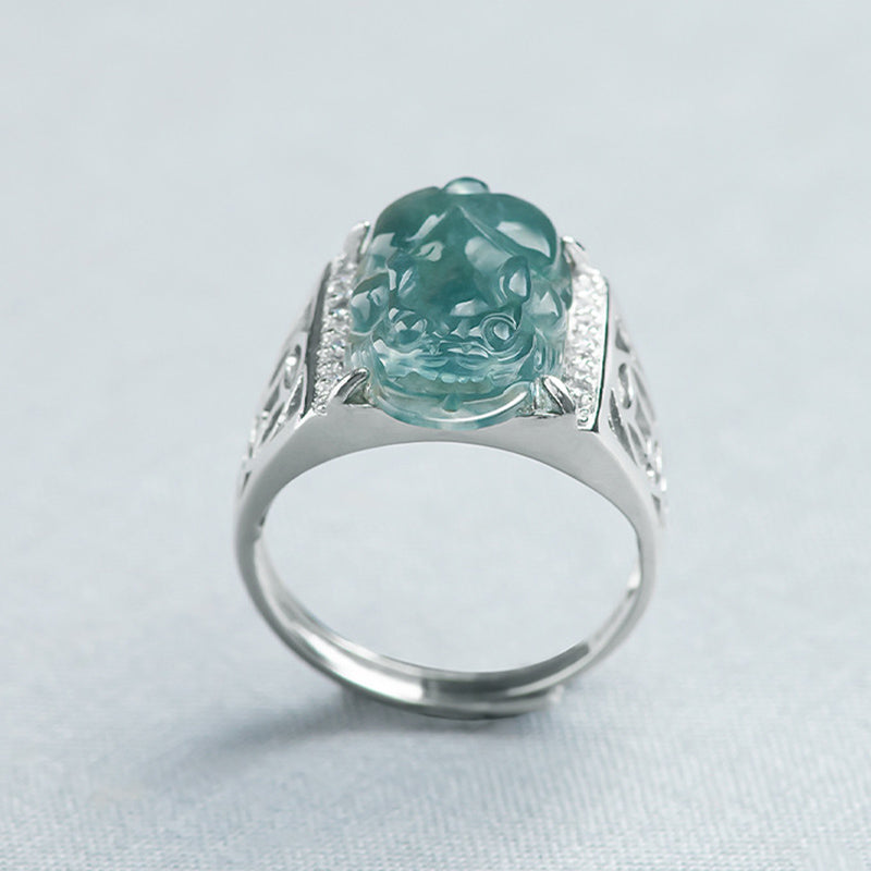 Sterling Silver Jade Pixiu Ring for Wealth & Luck