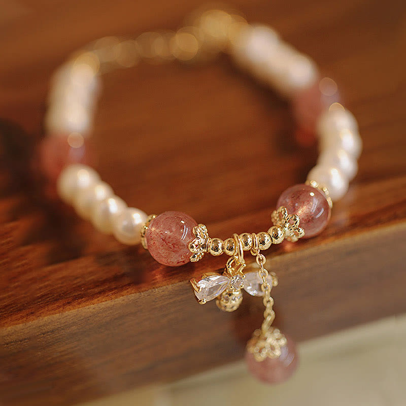 Healing Pearl Strawberry Quartz Bracelet with Honey Bee Charm
