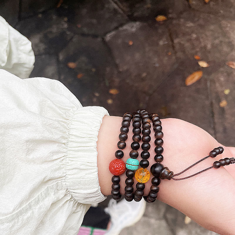 Agarwood Bracelet with Turquoise Amber & Red Agate for Strength