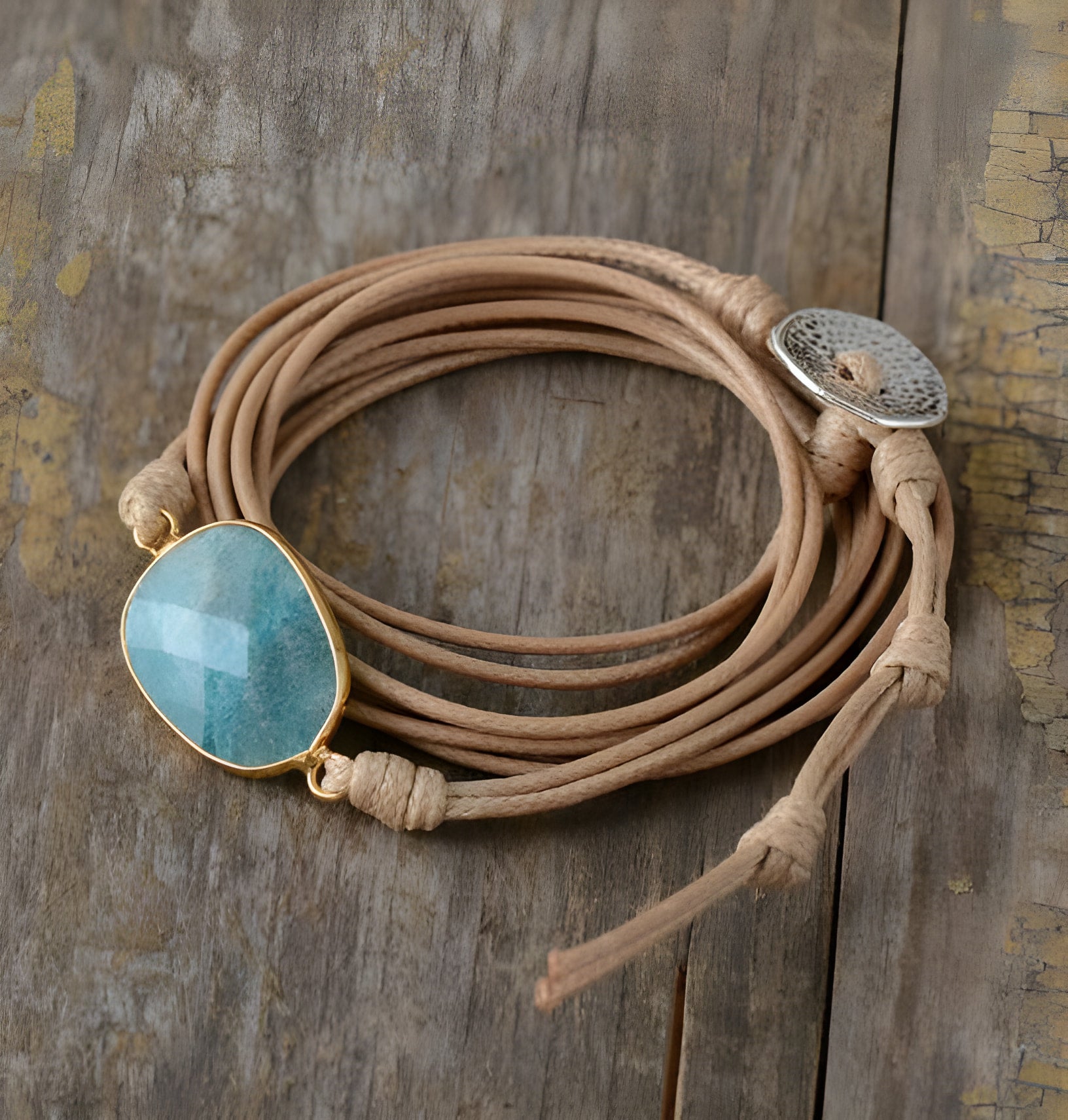 Amazonite Stone Leather Bracelet for Balance