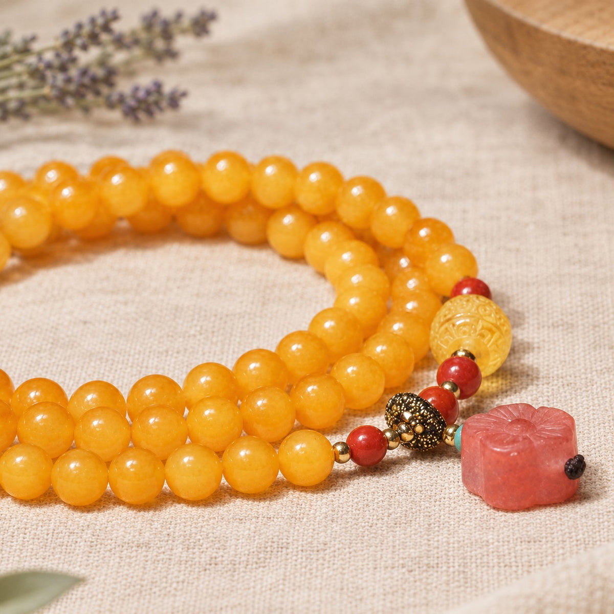 Amber Healing Balance Bracelet & Necklace, close view of wrapped beads and charm