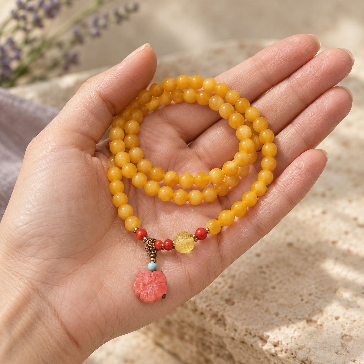 Amber Healing Balance Bracelet & Necklace, held in the hand to show its real size
