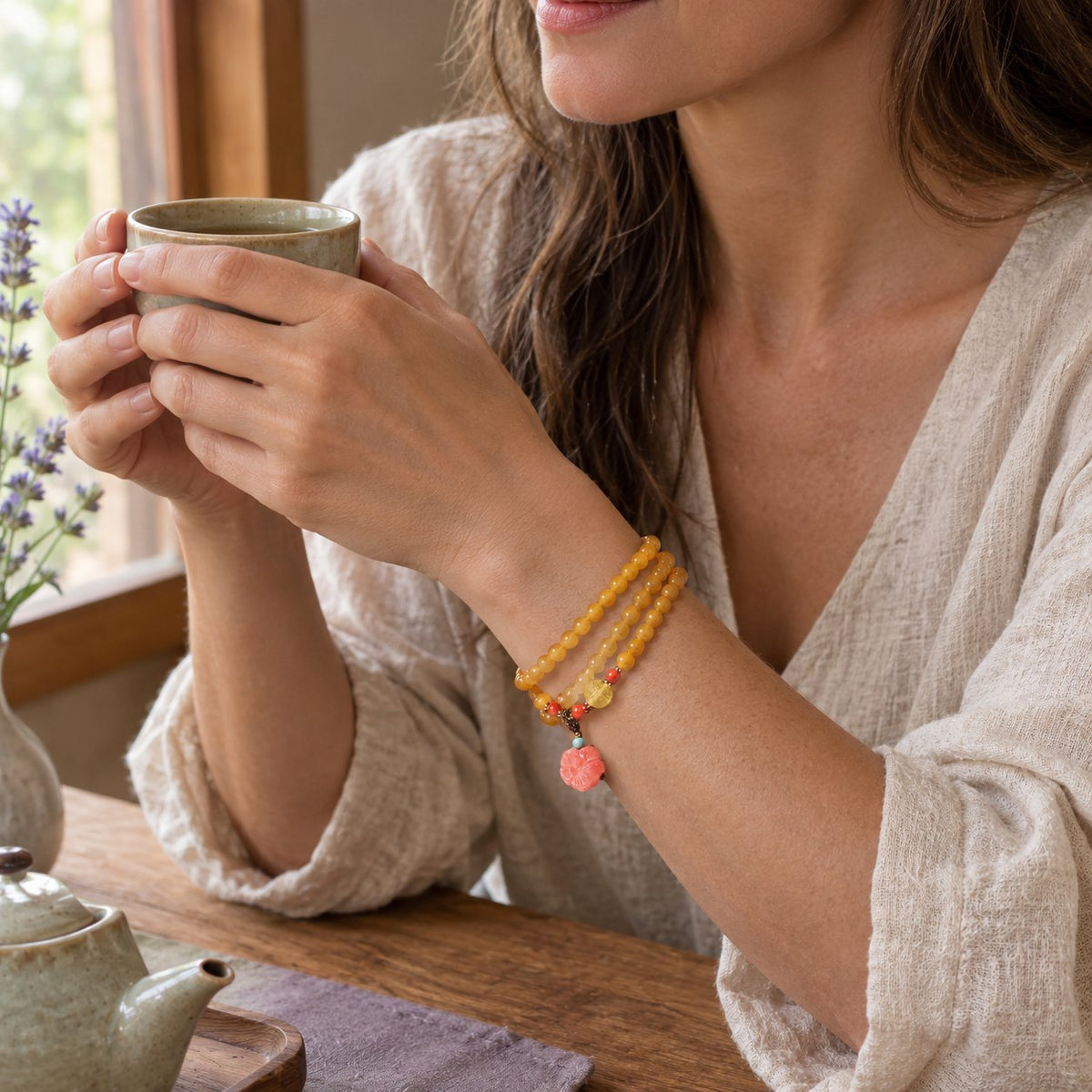 Amber Healing Balance Bracelet & Necklace, worn by a woman in a calm everyday moment
