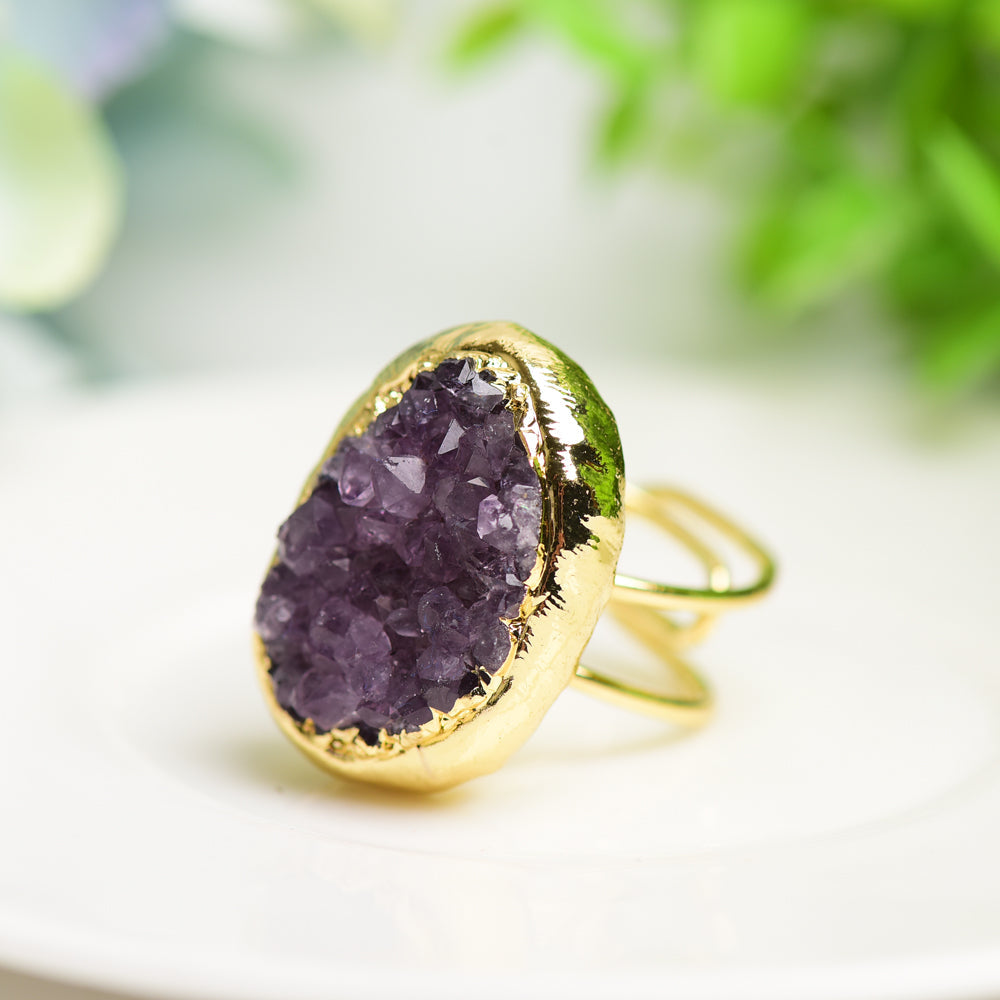 Amethyst Cluster Ring Gold Metal Rough Crystal 10g