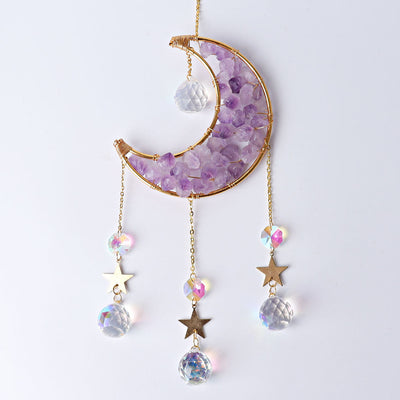 Amethyst Moon Crystal Suncatcher 40cm with Golden Rim