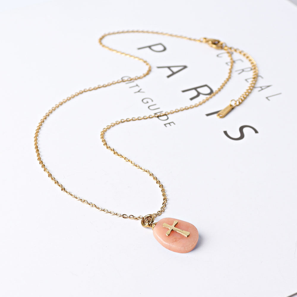 Amethyst Peach Aventurine Necklace with Golden Cross Charm