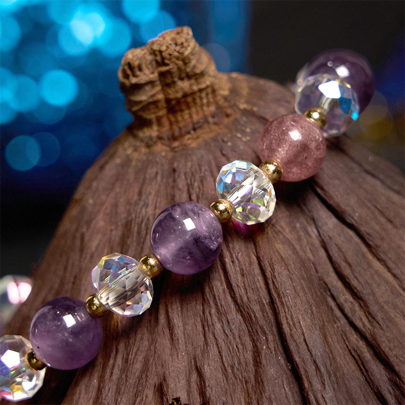 Amethyst Strawberry Quartz White Crystal Nine-Tailed Fox Protection Bracelet