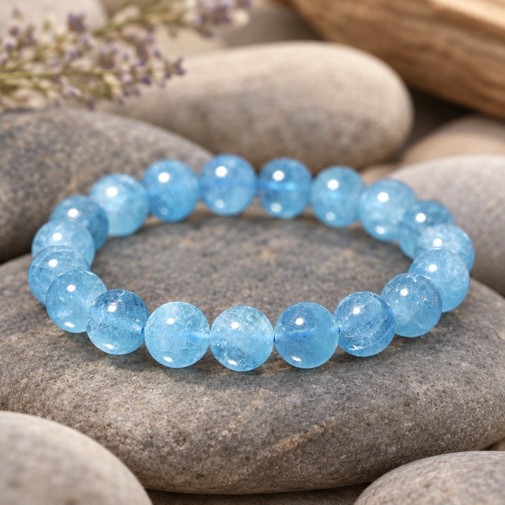 8mm Aquamarine Healing Beads Peace Bracelet, front view of the bracelet