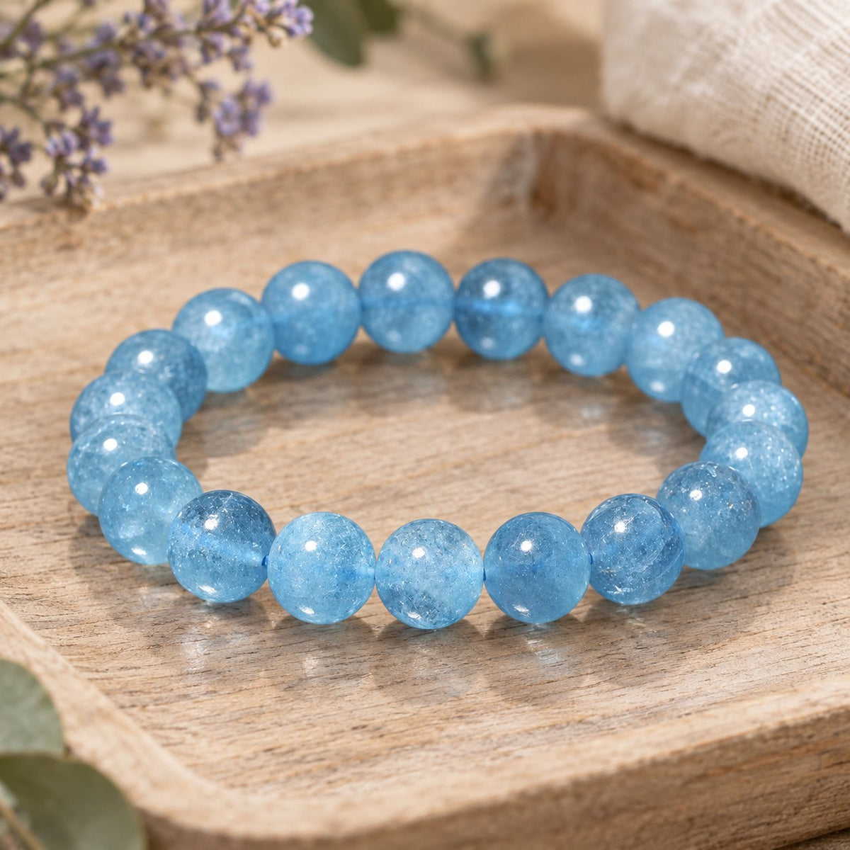 8mm Aquamarine Healing Beads Peace Bracelet, front view of the bracelet
