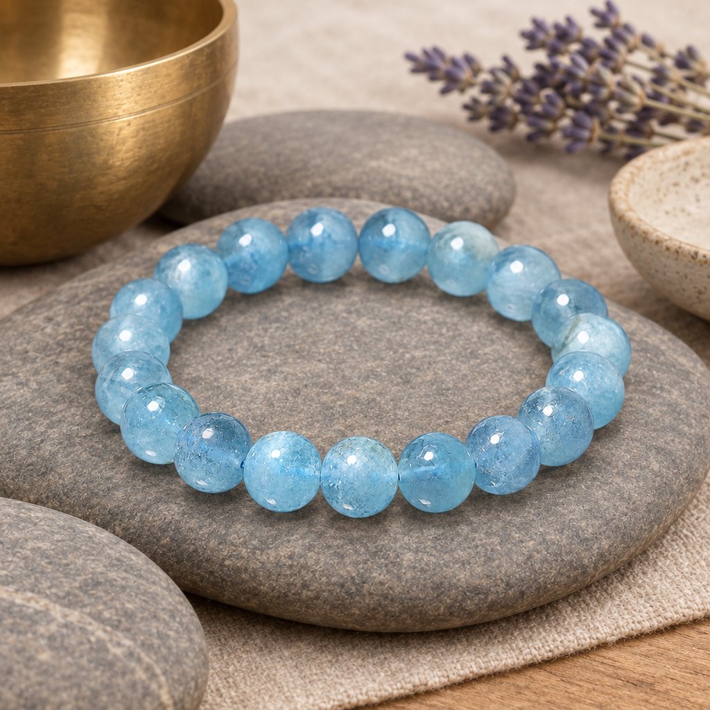 8mm Aquamarine Healing Beads Peace Bracelet, styled with a singing bowl and lavender