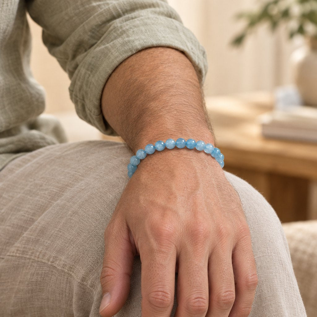 8mm Aquamarine Healing Beads Peace Bracelet, worn by a man