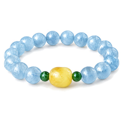 Natural Aquamarine Amber Serenity Healing Bracelet 8mm, Aquamarine, on a white background