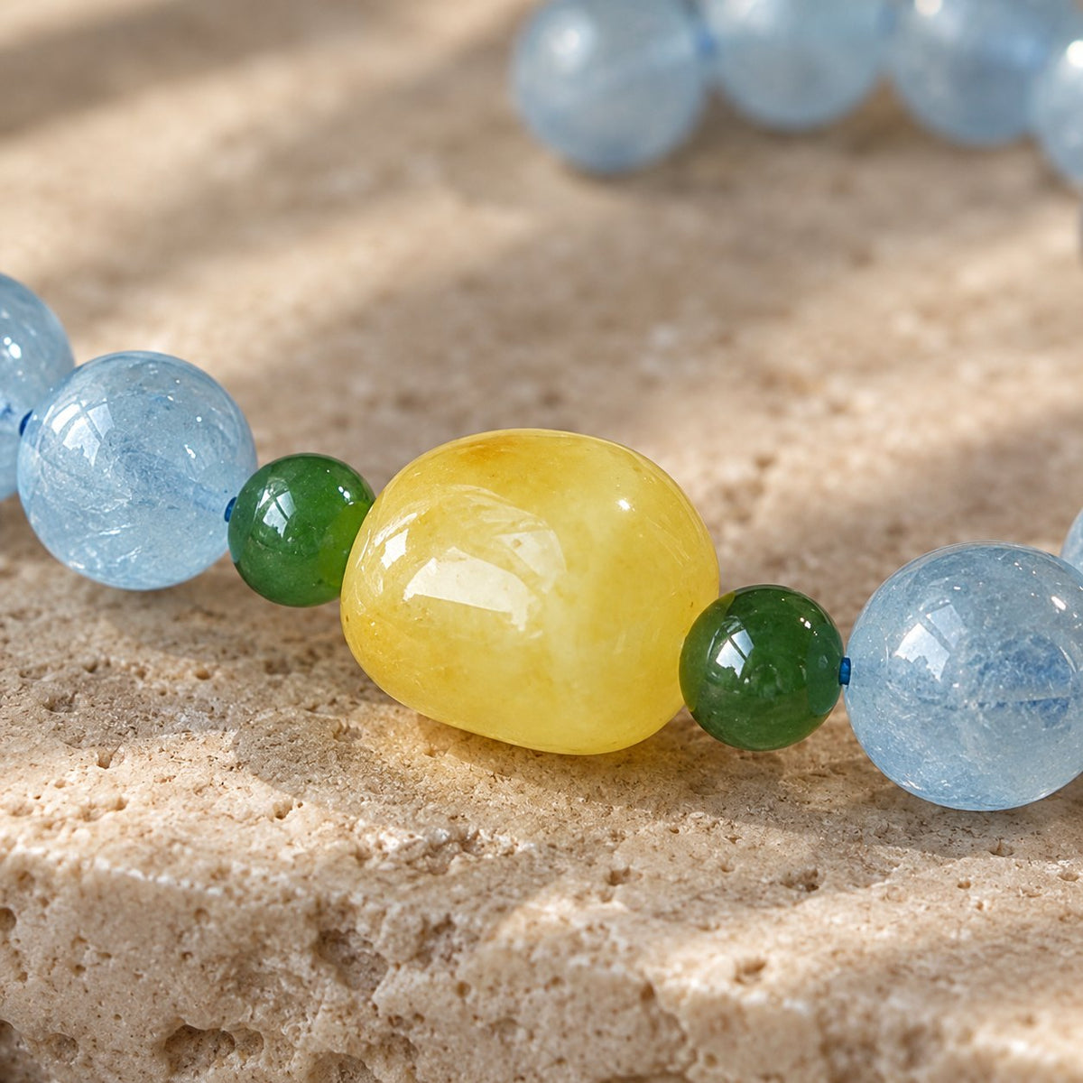 Natural Aquamarine Amber Serenity Healing Bracelet 8mm, close-up of the material and finish