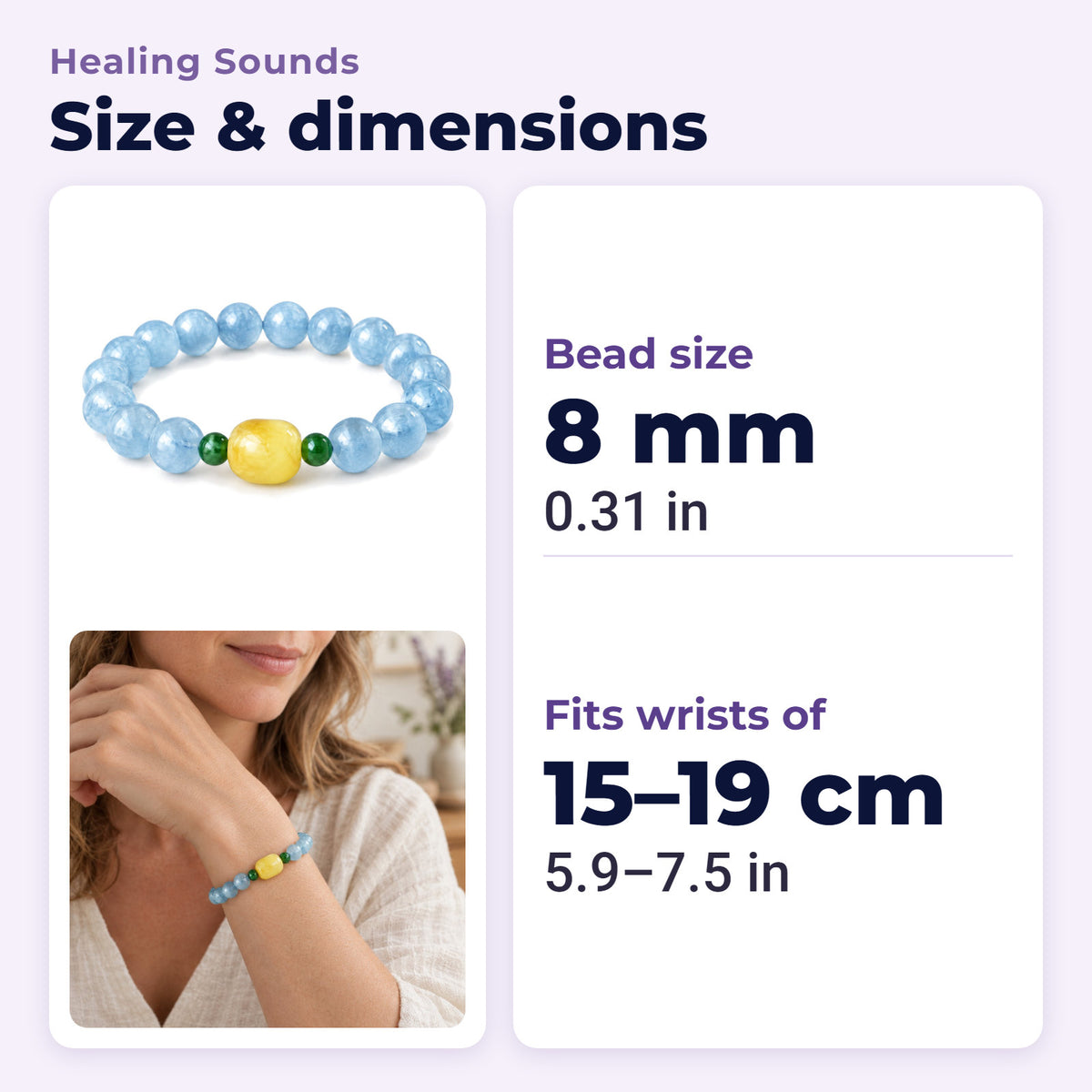 Natural Aquamarine Amber Serenity Healing Bracelet 8mm, size and dimensions in millimetres and inches