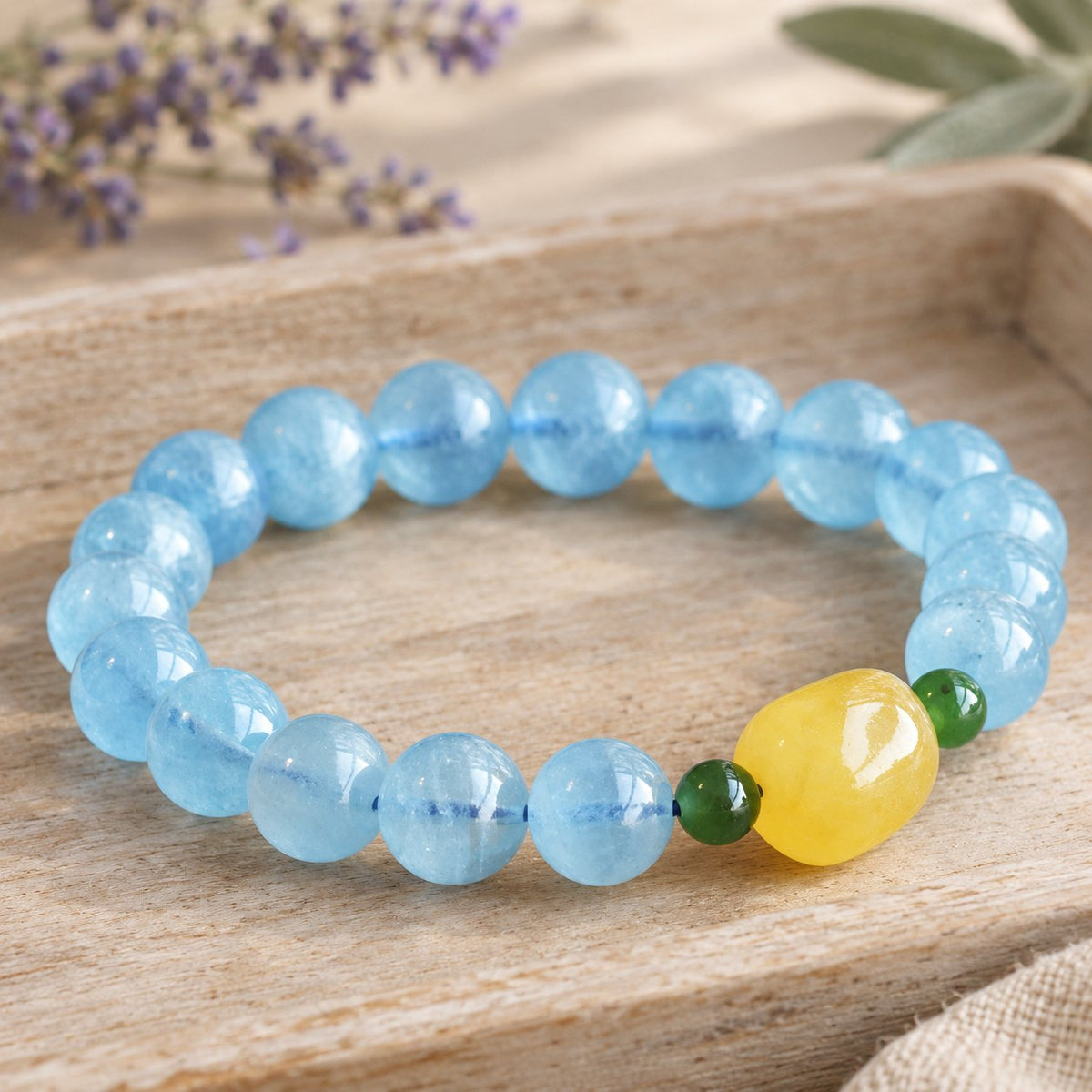 Natural Aquamarine Amber Serenity Healing Bracelet 8mm, wide loop, nugget right