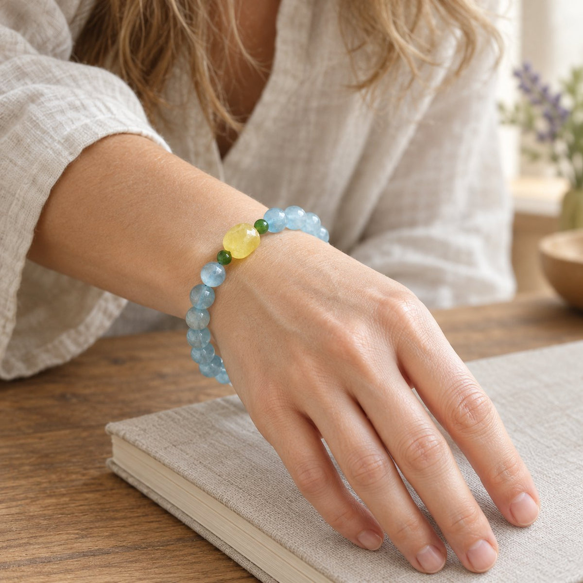 Natural Aquamarine Amber Serenity Healing Bracelet 8mm, worn on wrist