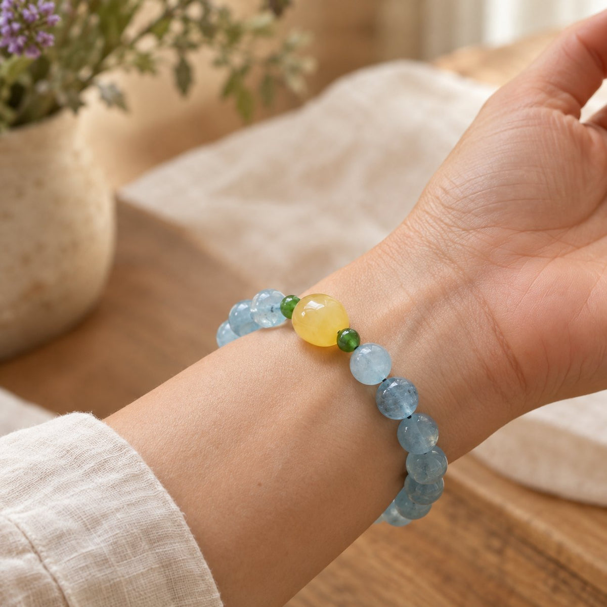 Natural Aquamarine Amber Serenity Healing Bracelet 8mm, worn on wrist close