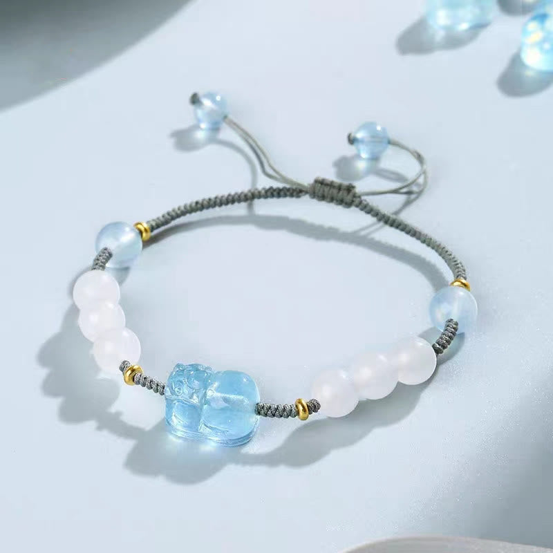 Aquamarine & White Jade Pixiu Bracelet for Wealth & Serenity