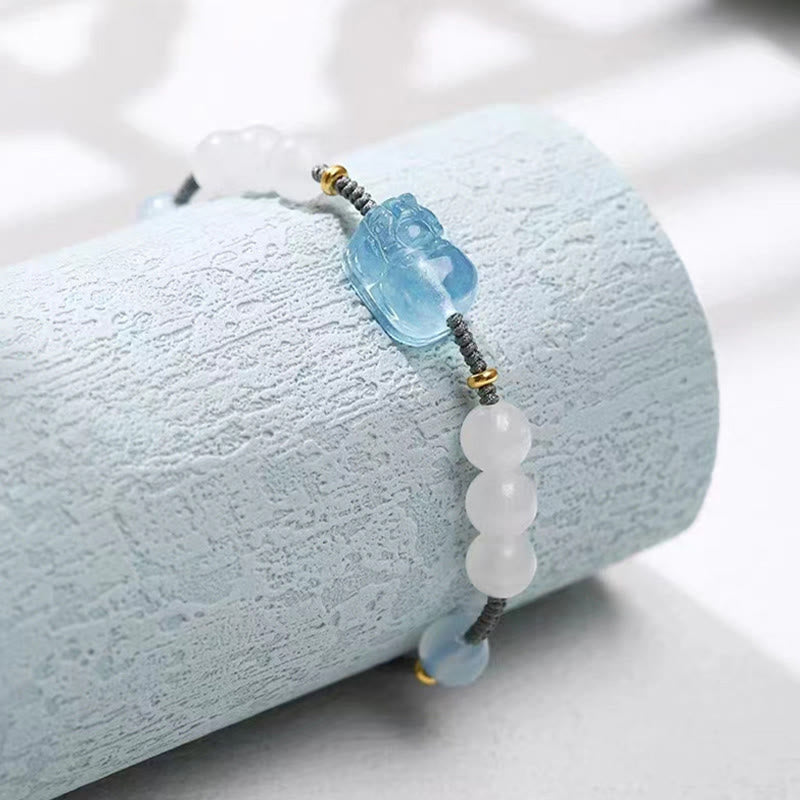 Aquamarine & White Jade Pixiu Bracelet for Wealth & Serenity