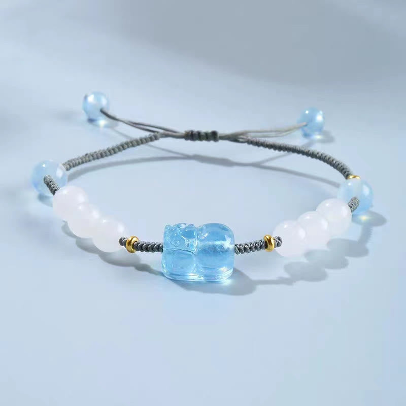Aquamarine & White Jade Pixiu Bracelet for Wealth & Serenity