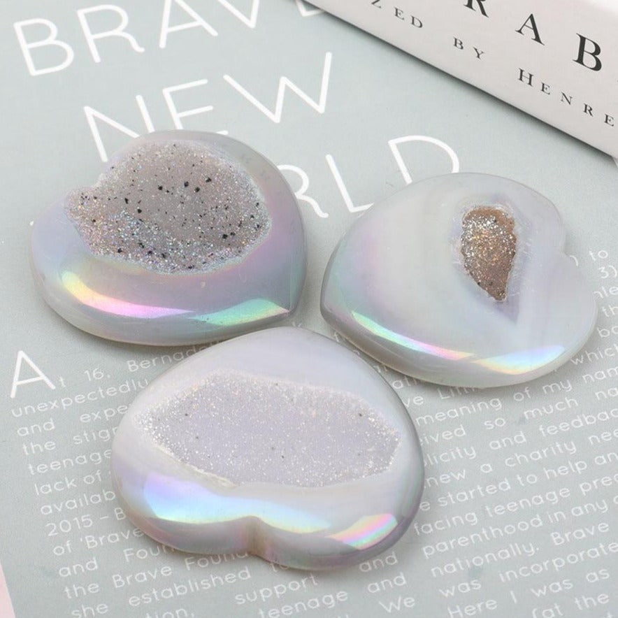 Aura Angel Crystal Druzy Agate Heart Set of 3 Stones