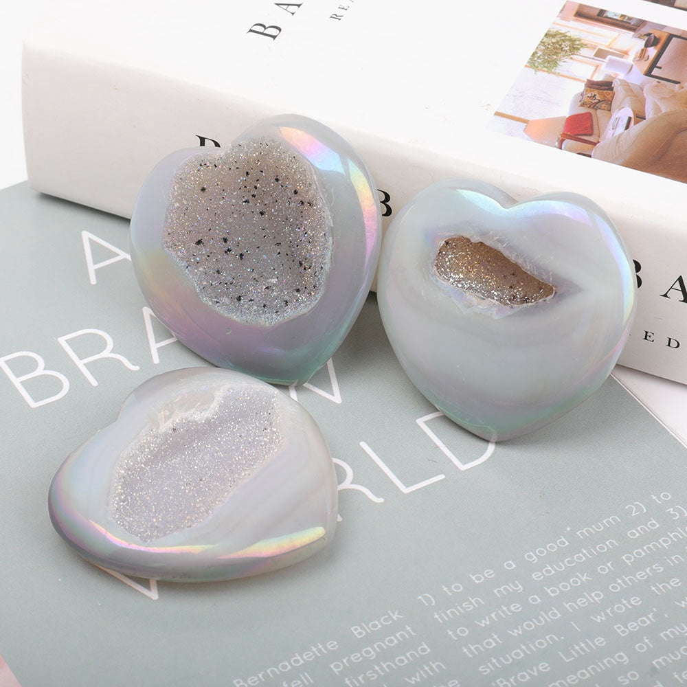 Aura Angel Crystal Druzy Agate Heart Set of 3 Stones