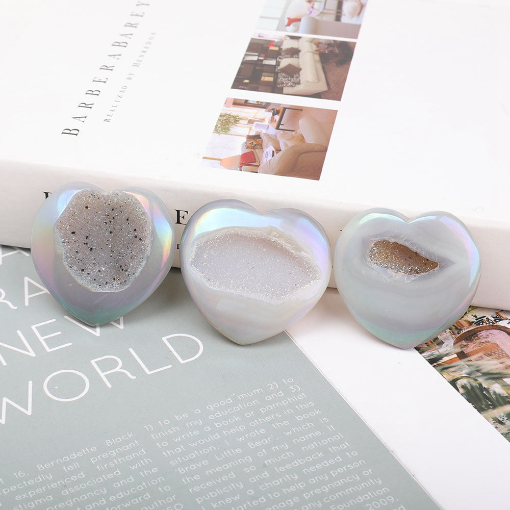 Aura Angel Crystal Druzy Agate Heart Set of 3 Stones