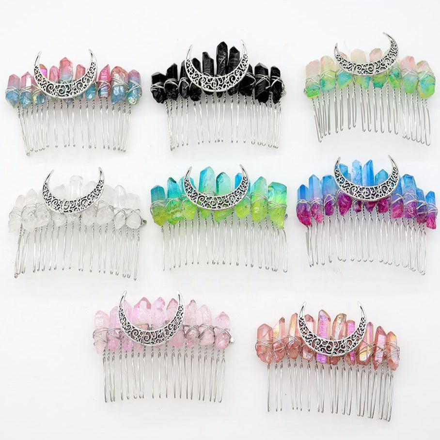 Aura Angel Crystal Moon Crown Silver Wire Hair Comb
