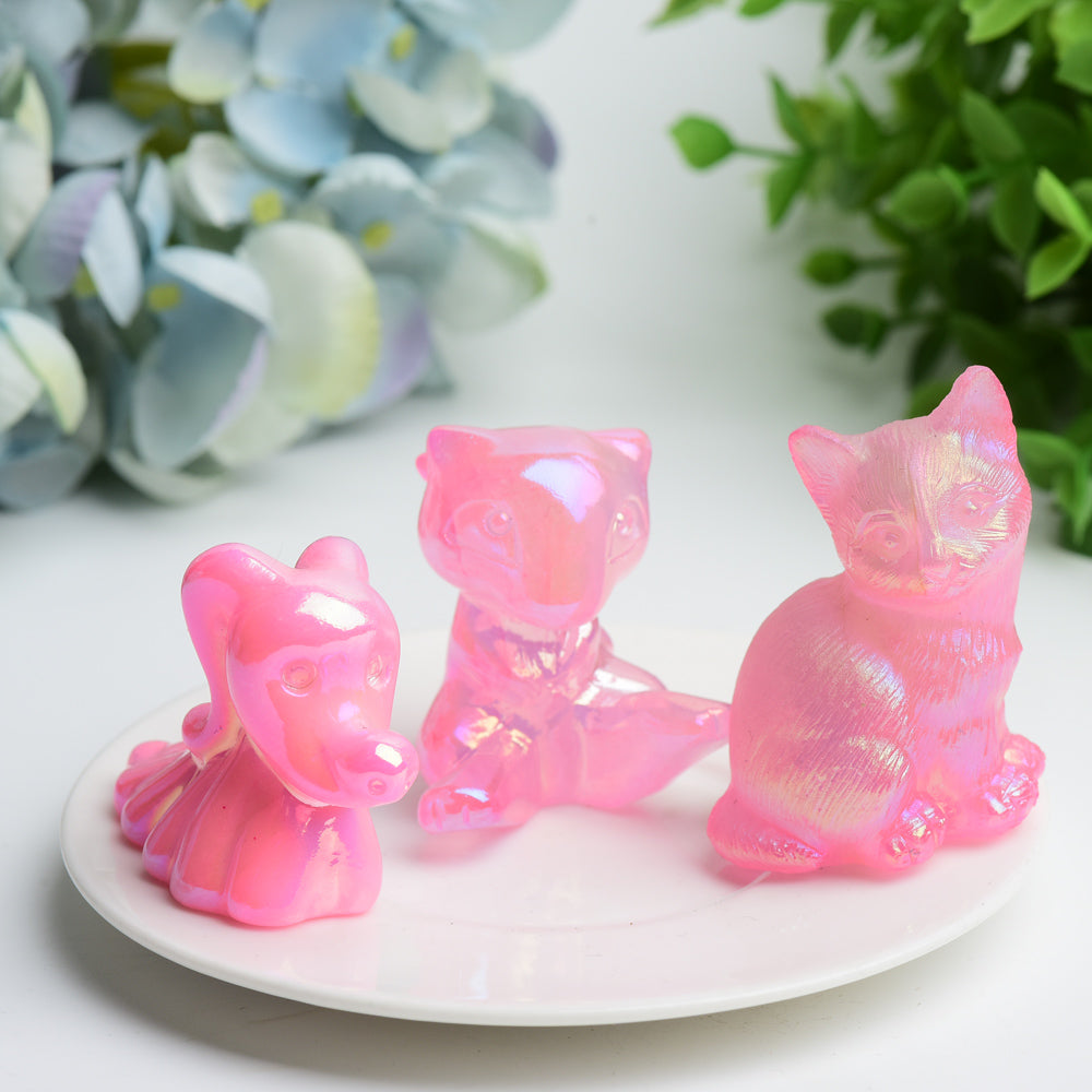 Aura Pink Crystal Cats Carvings 2-Inches Healing Figurines